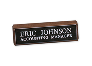 Engraved Walnut Desk Bar with Plastic Nameplate  || Custom Indoor Signs || Horizontal, 10 1/2" x 2 3/8"