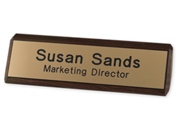 Engraved Walnut Desk Bar with Plastic Nameplate  || Custom Indoor Signs || Horizontal, 8 1/2" x 2 1/2"