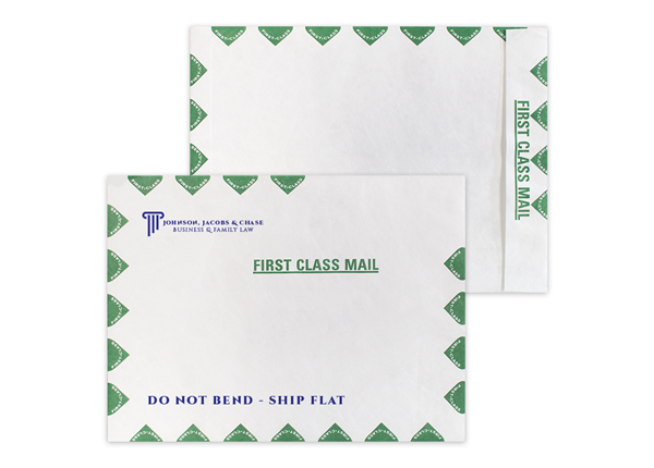 Tyvek® Envelope 10" x 13" Catalog || Custom Envelopes || Green First Class Border, Zip Stick®, Black, Red or Dark Blue Ink